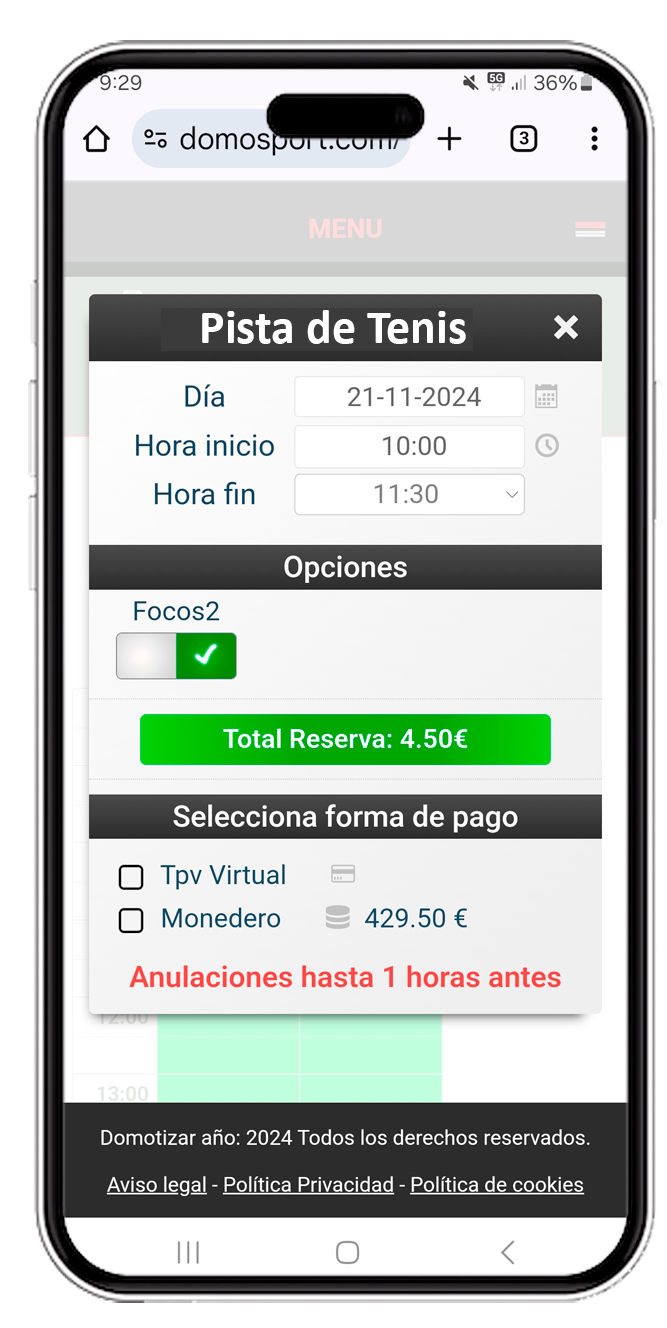 Configuración reserva pádel